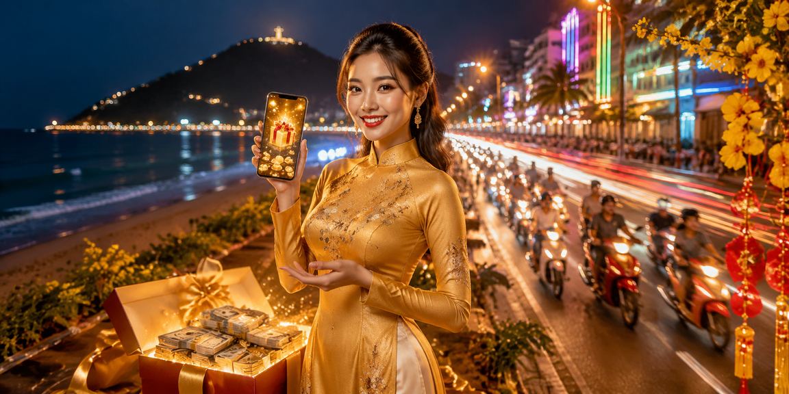 Người phụ nữ mặc áo dài tại Vũng Tàu sử dụng mobile casino trên điện thoại nhìn ra biển